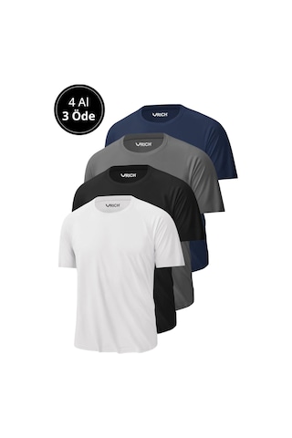 Rich Erkek 4'lü Paket %100 Pamuk Slim Fit Tişört Basic Bisiklet Yaka Kısa Kollu T-shirt Çok Renkli
