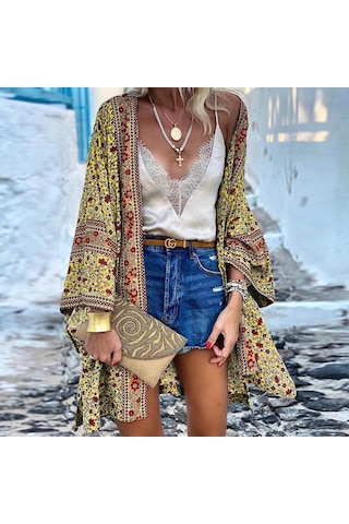 Kadın Günlük Önü Açık Hırka Tatil Plaj Bikini Cover Up Yaz Kimono Sarı