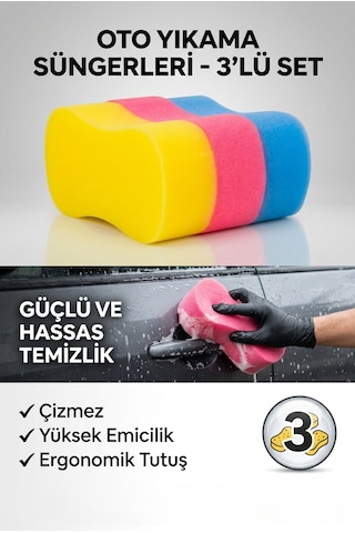 Oto Yıkama Süngeri 3'lü Set - Çizmeyen Yüksek Emici Araba Temizlik Süngeri 3 Adet