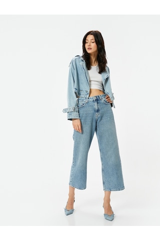 Koton Geniş Kısa Paça Kot Pantolon Standart Bel Pamuklu Cepli - Bianca Crop Jean Açık İndigo 4sal40009md Açık İndigo
