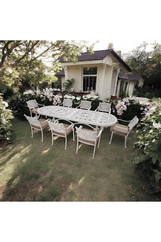 Helen 8 Kişilik Oval Döküm Bahçe Masa Takımı Rehome Beyaz