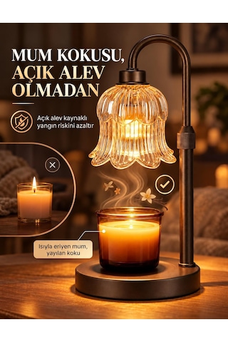 Valkyrie Ayarlanabilir Mum Isıtma Lambası Çiçek Cam Başlıklı Zaman Ayarlı 4 Kademeli Işık 2 Ampullü Siyah