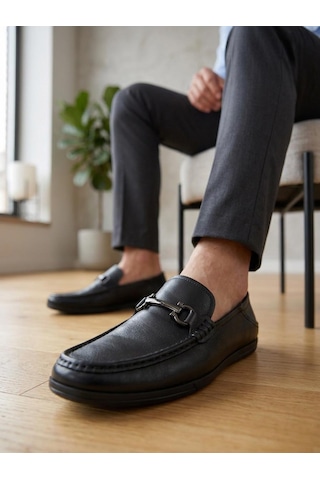 Komcero 6y3546-189 Erkek Hakiki Deri Tokalı Comfort Loafer Ayakkabı Siyah