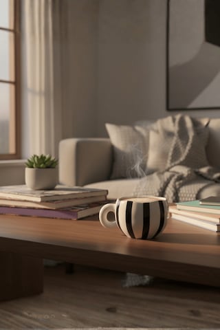 Siyah Çizgili 400 Ml El Yapımı Seramik Çay Kahve Mug Kupası Mıt1322 Siyah - Beyaz