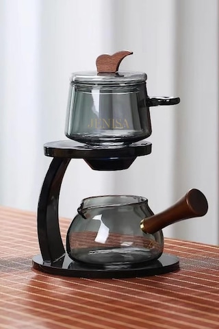 Borosilikat Cam Demlik Seti Zen Çaydanlık Döndür Akıt Sistemi Sihirli Bitki Çayı Demliği Antrasit