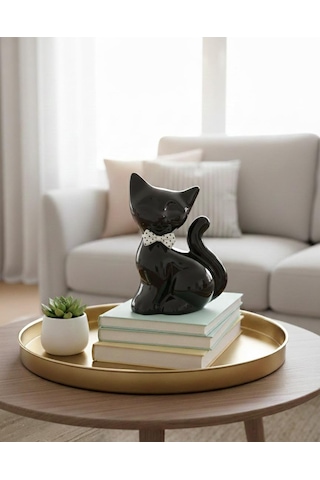 Papyonlu Kedi Dekoratif Biblo Heykel Hediyelik Obje Süs Aksesuar Siyah