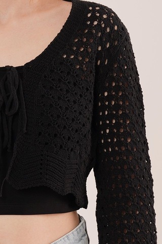 Ön Bağlamalı Ajurlu Crop Siyah Hırka Çok Renkli