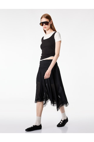 Koton Dantel Detaylı Asimetrik Slim Fit Midi Etek Siyah 6sal70061ık