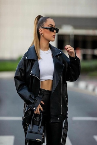 Prifaldi Yeni Sezon Oversize Uzun Kadın Siyah Deri Ceket Siyah