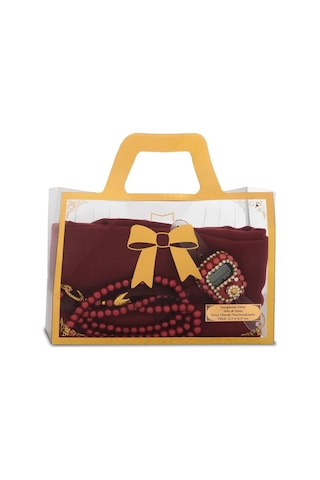 Flamlı Eşarp 96x96 Cm + Tesbih + Zikirmatik Hediye Seti Bordo