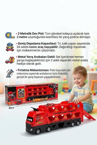 2 Katlı Taşıyıcı Ve 2m Yarış Pistli 24 Araç Kapasiteli 2 Küçük Arabalı Oyuncak Tır Seti