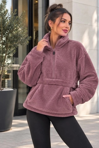 DefyModa Kadın Yarım Fermuarlı Kanguru Cepli Peluş Wellsoft Sweatshirt Gülkurusu