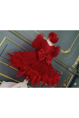 Star Kids Fashion Kız Çocuk Kırmızı Tüylü Elbise,kız Çocuk Mezuniyet Elbisesi,toka Dahil