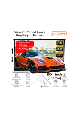 Groove Vizio Pro 150 Inch 332x188cm Blackout Işık Geçirmez Tripod Ayaklı Projeksiyon Perdesi