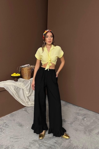 Sensuelle Siyah Paçası Fırfırlı Keten Pantolon Siyah