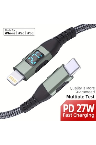 Honeybeeshop 3 Adet Yeşil Aıcase İphone Şarj Kablosu 2 Metre 66 Fit Led Ekran Uzun Örgülü Kablo İphone 14 13 12 11 X Xs Xr Xs Max Uyumlu