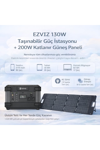 Ezviz 1300w Taşınabilir Güç İstasyonu + 200w Katlanır Güneş Paneli