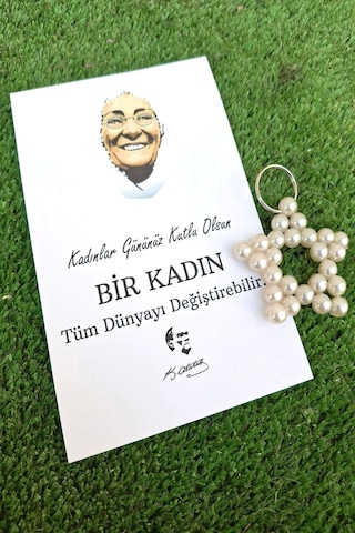 10 Adet Kadınlar Günü Zübeyde Hanım Kartlı İnci Yıldız Anahtarlık - Kadınlar Günü Hediyesi Jelatinli Beyaz