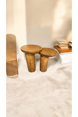 Wood Ahşap 2 Li Set Mantar Tik Ağacı Renk Yan Sehpa Modern Fiskos / Çiçeklik / Zigon Ceviz