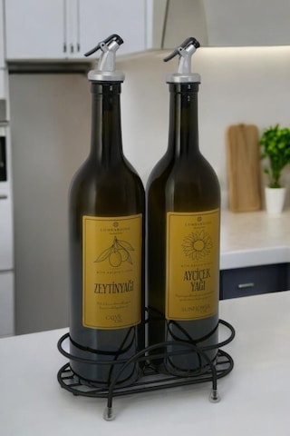 Digithome Petra 2'li Siyah Metal Standlı Yağdanlık Seti Gold Etiketli Amber Yağlık 750 Ml Siyah