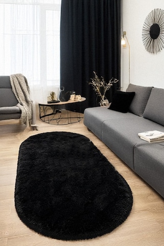 Siyah Oval Post Halı Peluş Yumuşak Kaymaz Dot Taban Makinada Yıkanabilir Yolluk Siyah