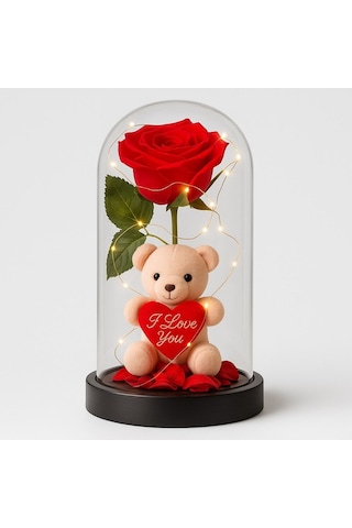 Dekoratif Tasarım Fanus Led Işıklı Kırmızı Gül I Love You Ayıcık Sevgiliye Romantik Aşk Hediye Seti