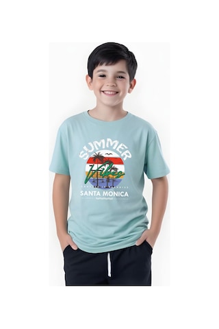 Summer Baskılı Erkek Çocuk Yuvarlak Yaka Kısa Kollu T-shirt Mint Yeşili