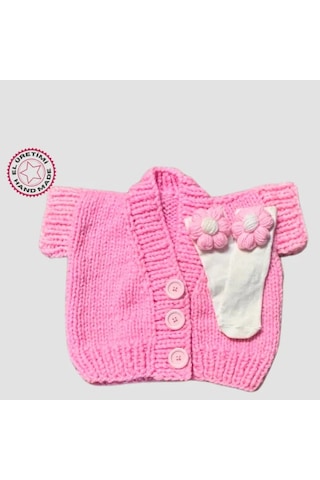 Uretti - Gülnur 2184 - El Örgüsü Çiçek Motifi Çoraplı Kız Çocuk Hırka 1 Yaş - Pembe Pembe