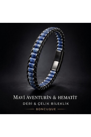 Mavi Aventurin & Hematit Doğaltaşlı Çelik Örgü Deri Erkek Bileklik Manyetik Kilitli Premium Tasarım
