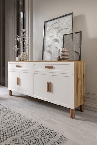 Flora Bohem Serisi 4 Kapaklı 2 Çekmeceli Salon Konsolu Büfe Aytaşı Ceviz 180x84 Cm Ceviz - Ekru