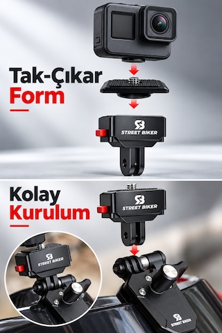 Acqr-01 Aksiyon Kamera Adaptörü 1/4 İnç Vidalı, Çatal Bağlantılı, Hızlı Tak Çıkar Siyah