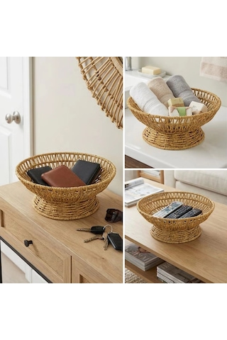 25 Cm Plastik Rattan Servis Çanağı Doğal Hasır Görünümlü Dekoratif Meyve, Ekmek Ve Sunum Kasesi 5047