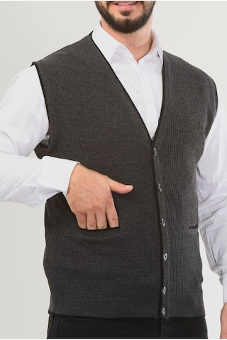 Kamalı Gri Erkek V Yaka Triko Düğmeli Cepli Çizgi Desenli Regular Fit Tüylenmeyen Örgü Yelek Gri