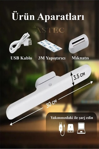 Astec Şarjlı Led Işık Dokunmatik Kablosuz Mıknatıslı 3 Renk Işık Dimli Kaliteli Beyaz