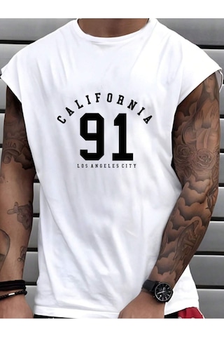 Altamira Erkek Beyaz California 91 Baskılı Kolsuz T-shirt 001