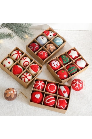 Flybuy Noel Keçe Top Süs Seti - 6 Adet Kar Tanesi Ağaç Desenli Aksesuar Paketi