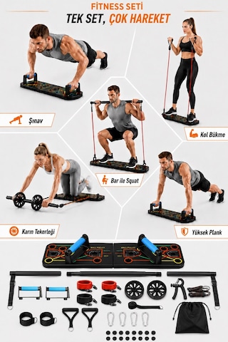 Çok Fonksiyonlu Katlanabilir Şınav Tahtası Egzersiz Seti - Direnç Bandı, Karın Tekerleği Ab Wheel, Pilates Barı, El Yayı