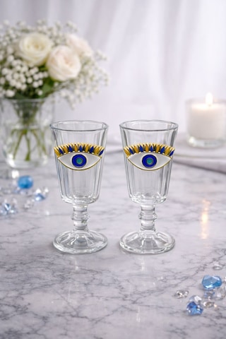 6 Lı Kristal Cam Kahve Yanı Bardağı Nazar Göz Bardak Flüt 75ml Şeffaf