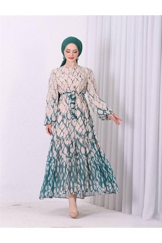 Neşeli Butik Kadın Şifon Eteği Fırfırlı Desenli Tesettür Elbise Sms008 Yeşil
