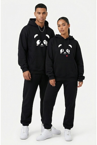 Nevermind Unisex Sevgili Çift Kombini Oversize Panda Baskılı Çift Hoodie Siyah