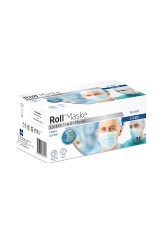 Roll Lastikli Cerrahi Maske 50 Adet 3 Katlı