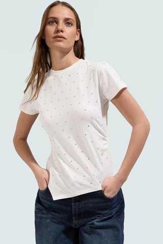 Ersefa Asimetrik Taşlı T Shirt Pamuklu Fitted Yazlık Dayanıklı Malzeme M Beyaz