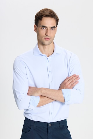 George Henry Pamuklu Oxford Slim Fit Dar Kesim İtalyan Yaka Armürlü Gömlek Mavi