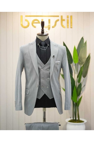 Bys Beystil Sivri Yaka Gri Yelekli Takım Elbise Nikol - Slim Fit