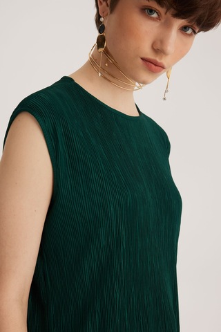 Yeşil Yuvarlak Yaka Kolsuz Pliseli Bluz Desenli