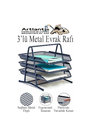 Lacivert Metal Evrak Rafı 3 Lü Ve Masaüstü Kalemlik 3 Lü 1 Paket Masaüstü A4 Dosya 3 Katlı Düzenleyici Kağıt Tepsisi