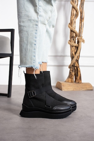 Dabab Shoes Katiana Kadın Siyah Lastik Detaylı Rahat Kalın Taban Triko Spor Bot