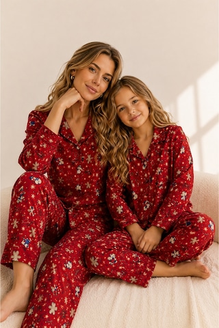 Free Beka Yılbaşı Desenli Uzun Kollu Önden Düğmeli Gömlek Yaka Anne Kız Pijama Takımı Kırmızı