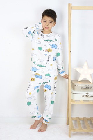 Erkek Çocuk Baskılı İnterlok Kumaş Uzun Kollu Pijama Takımı Beyaz