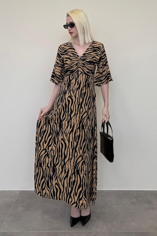 Madmext Kahverengi Zebra Desenli V Yaka Yarım Kollu Elbise Mg2394